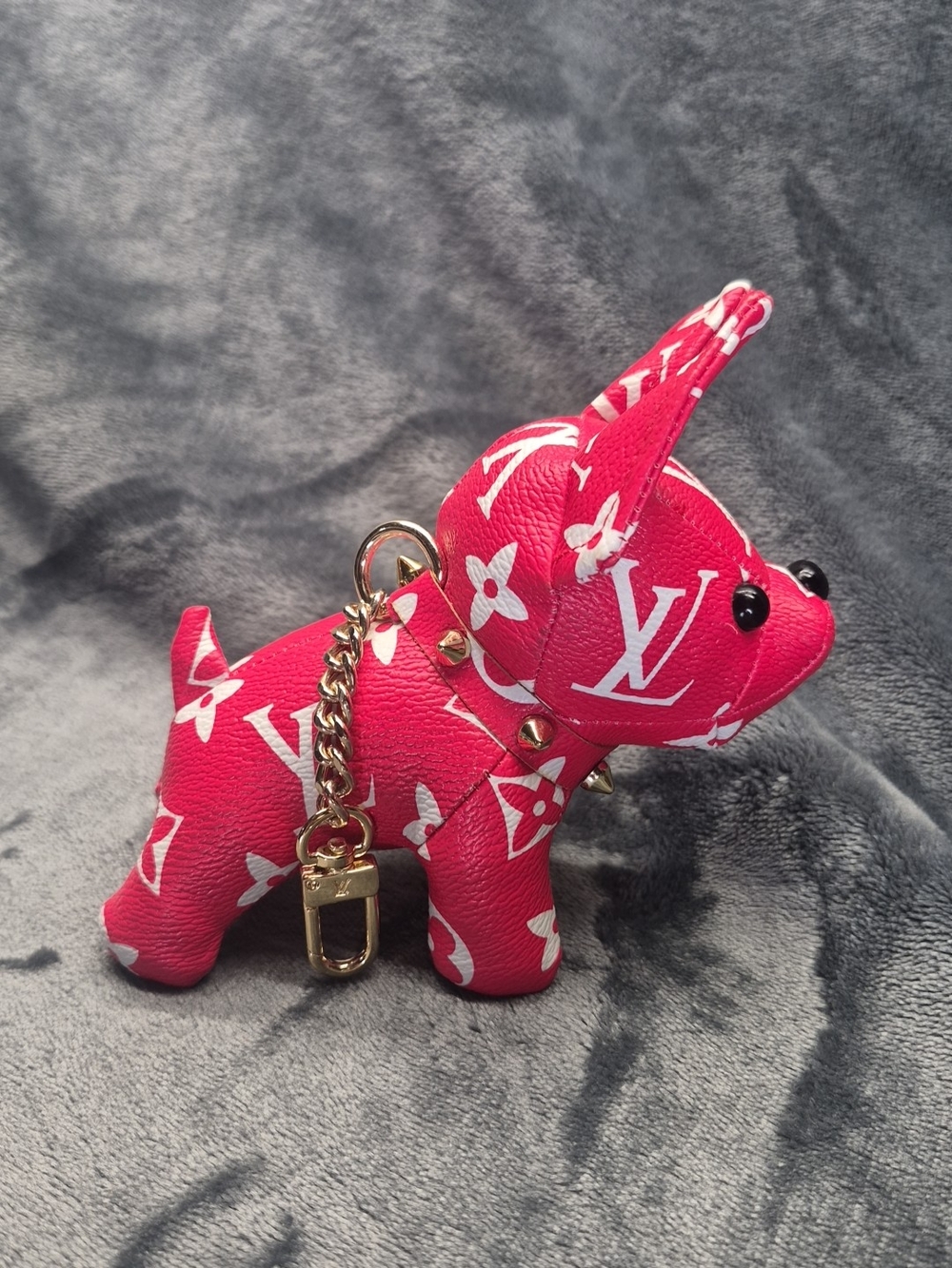Luxury Designer Leather Monogram Dog Red and White  LV Keychain Purse Charm
